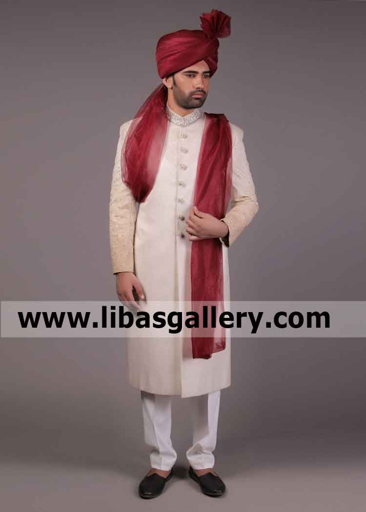 Almond Color Self jamawar Mens Sherwani for Nikah