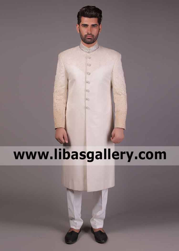 Almond Color Self jamawar Mens Sherwani for Nikah