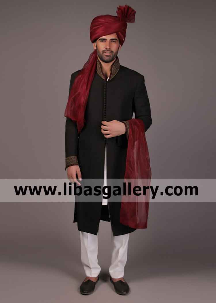 Black Raw silk High neck type collar wedding sherwani for son and father in law share ethical moments on nikah Pakistan india Bangladesh