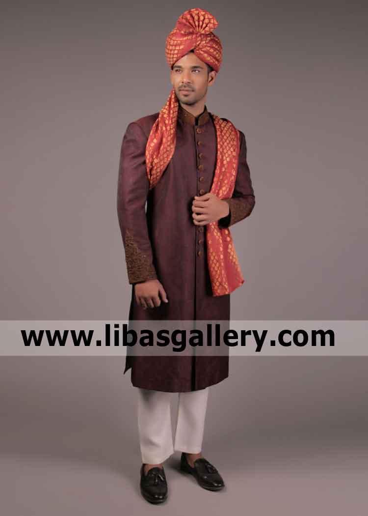 Cordovan Color Self Jamawar Collar Sleeves Embellished Wedding Sherwani For Groom Discounted 