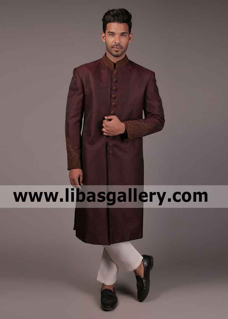 Cordovan Color Self jamawar Dulha Wedding Sherwani