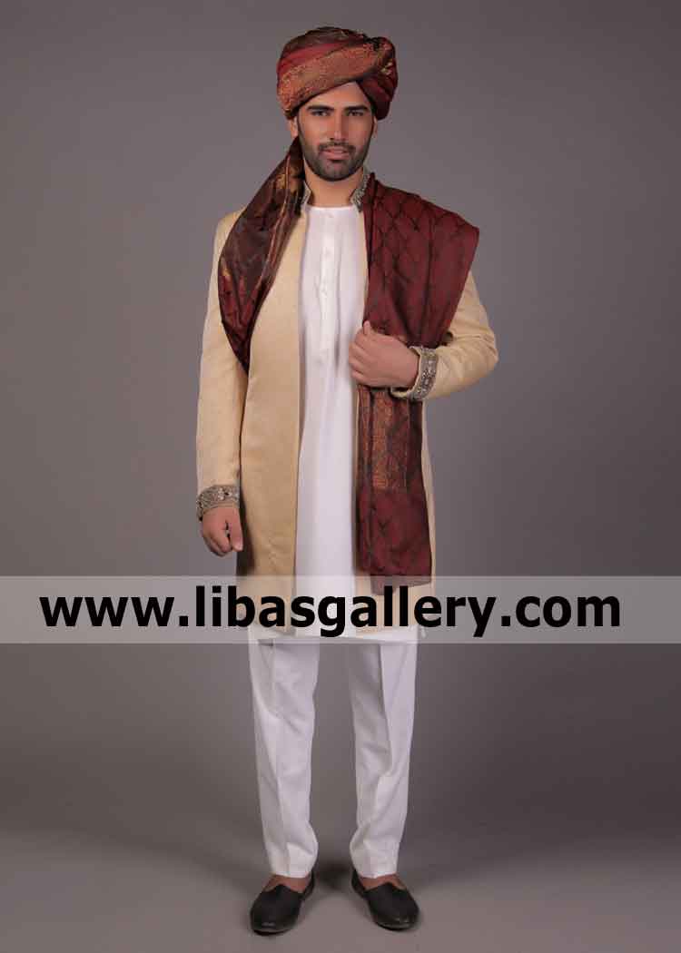 Desert Sand light shade Self jamawar groom nikah rukhsati achkan sherwani short length embroidered Dhaka Chittagong Sylhet Khulna Bngladesh