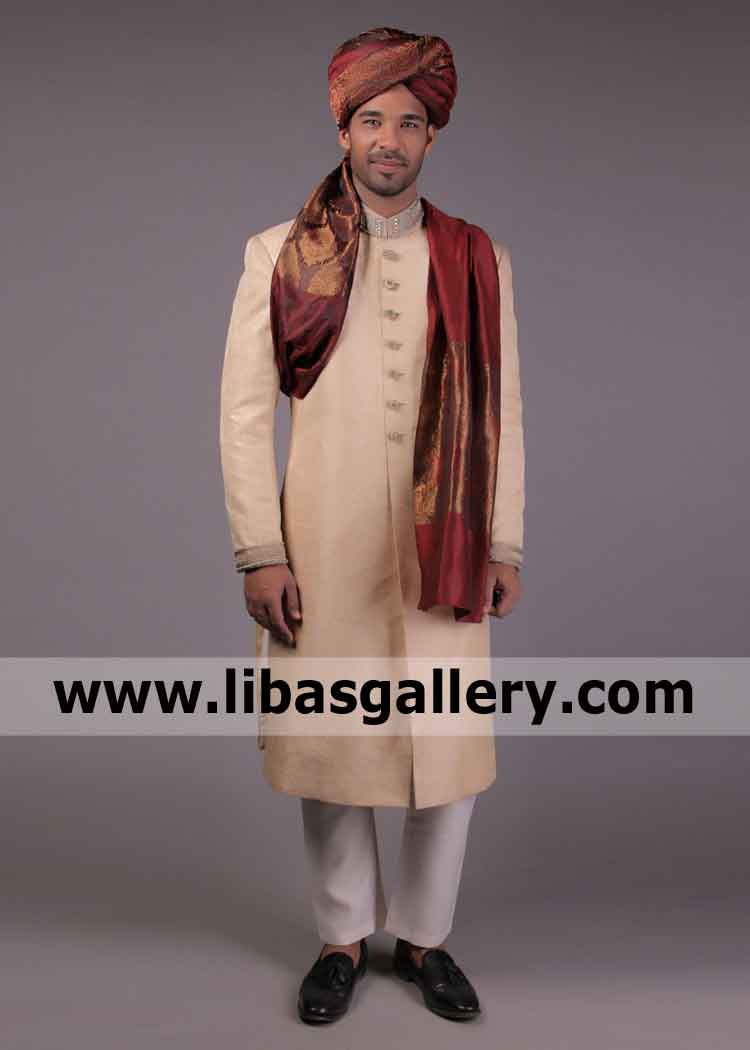 Apricot Long length Groom Nikah Barat Sherwani
