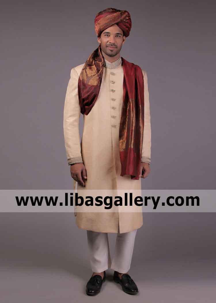 Buy Apricot Color Groom Nikah Barat Sherwani  Raw silk Jamawar Fabric complete shop stitched Sherwani perth Sydney Australia