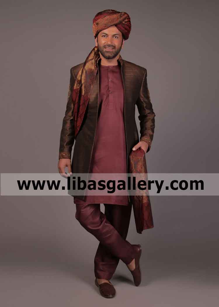 Bistre Color Raw silk latest wedding sherwani order online for winter wedding 2020 custom made Glasgow Edinburgh Scotland 