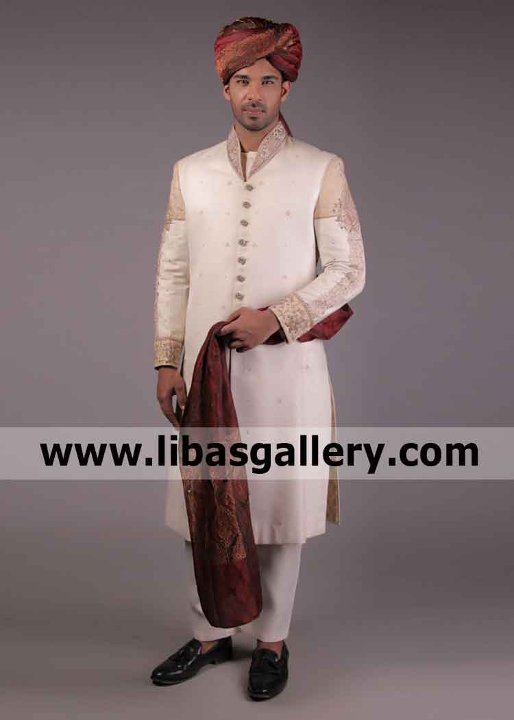 Best Seller Embellished Groom Sherwani with long tail pre tied turban and khussa shop online any time UK USA Canada Australia Dubai