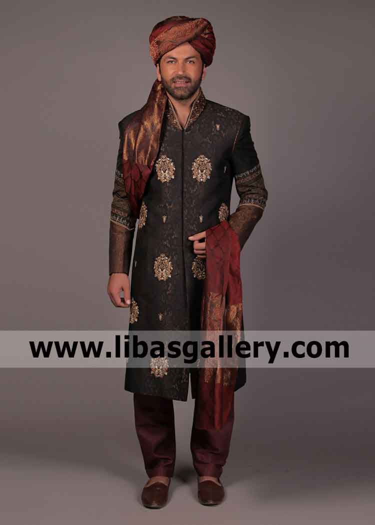 Groom Embellished Jamawar Nikah Barat Sherwani Big Collar