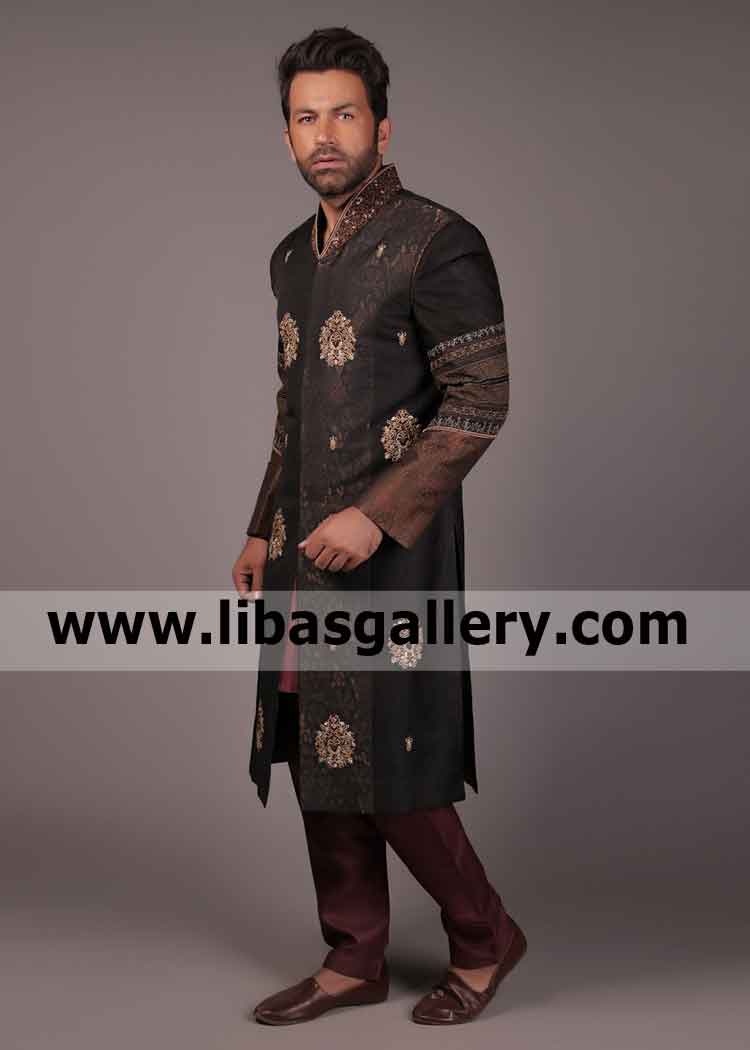 Groom Embellished Jamawar Nikah Barat Sherwani Big Collar