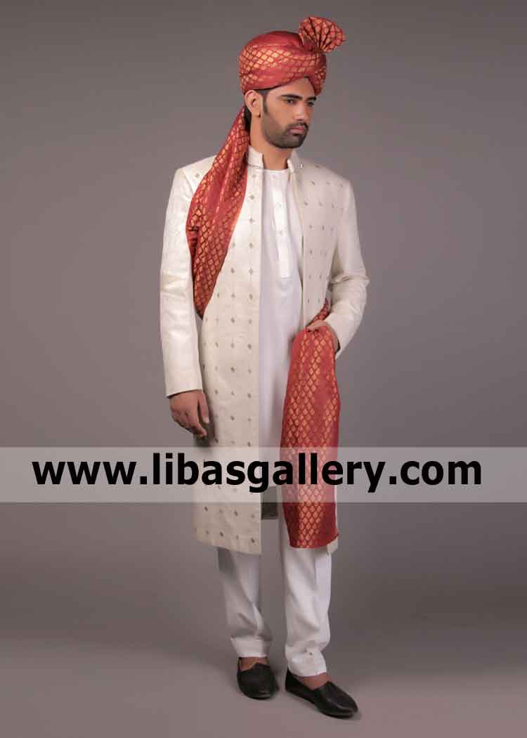 Almond Self jamawar Groom Sherwani for a Complete Men ready to meet his bride New Zealand Auckland Wellington Christchurch