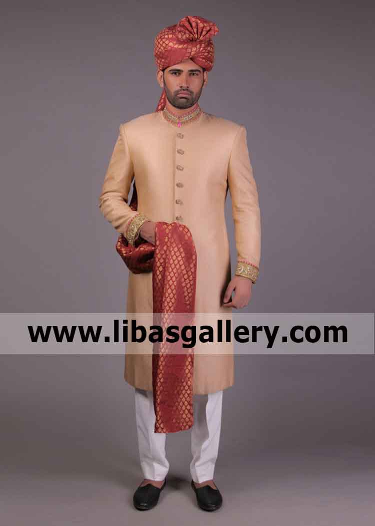 Sherwani of the year 2019 Apricot hand work marriage day jacket for groom regular and slim fit New york Los Angeles Chicago USA