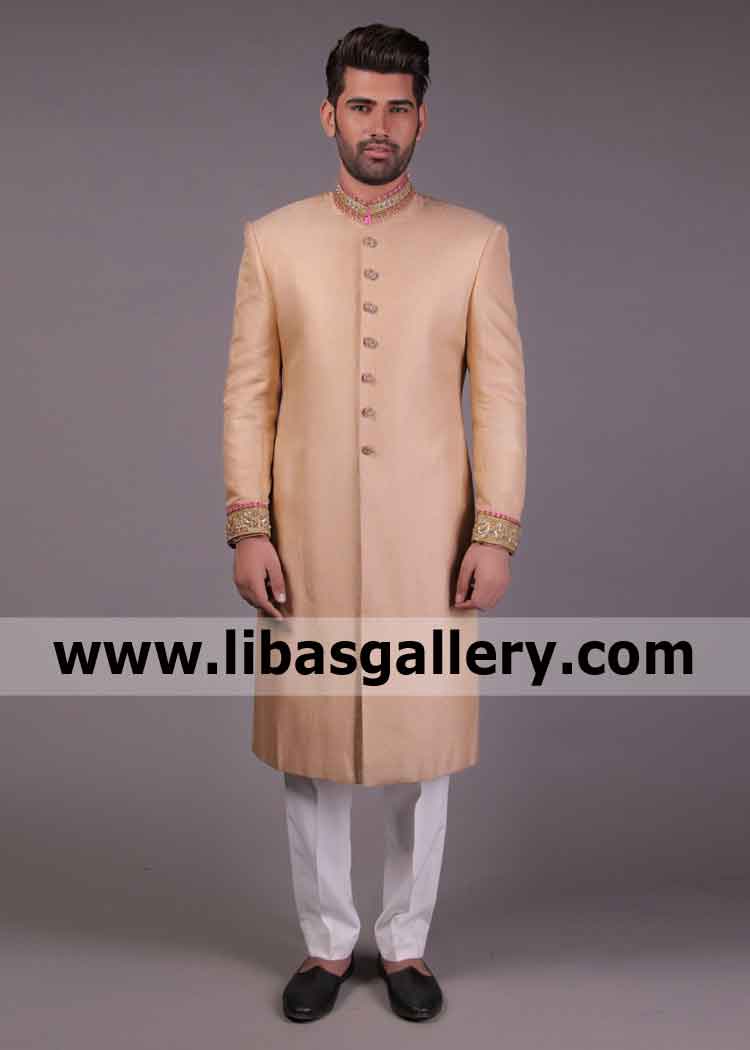 Mellow Apricot Mens Sherwani for Nikah Barat