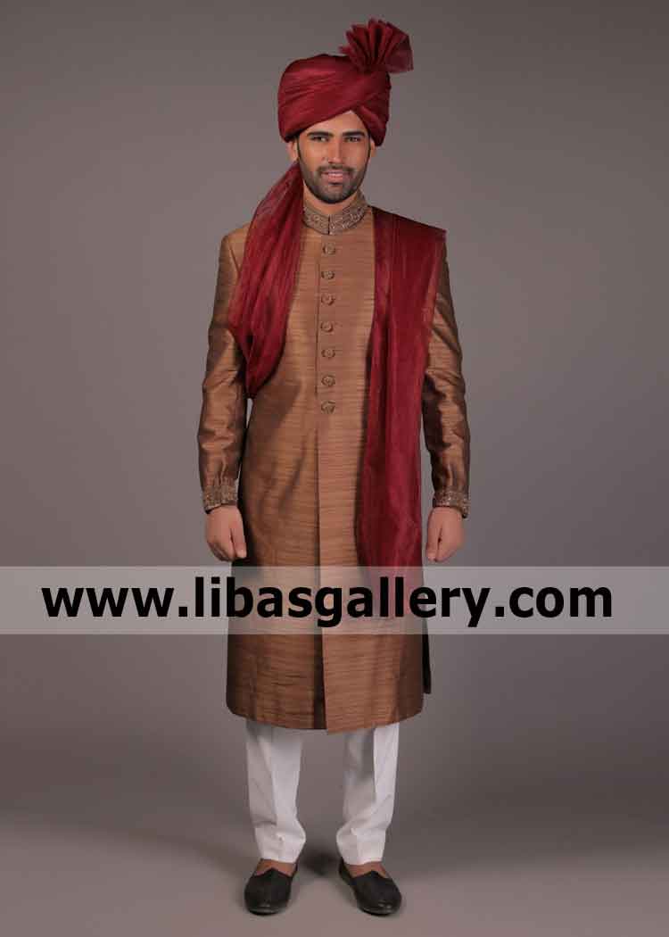 Great Men Wears Unique Designer Groom Sherwani in Raw silk to look Different on Wedding day Bedford Blackburn Bristol UK