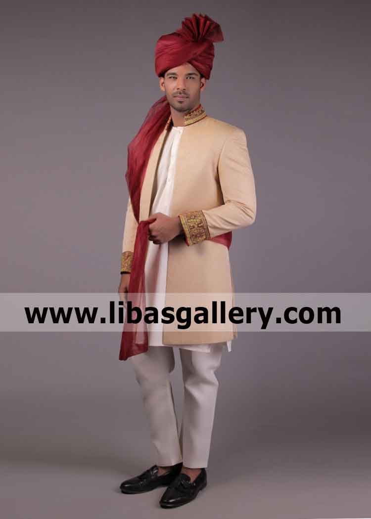 Desert Sand color wide work cuff groom marriage sherwani for nikah rukhsati order online Philadelphia San Antonio USA