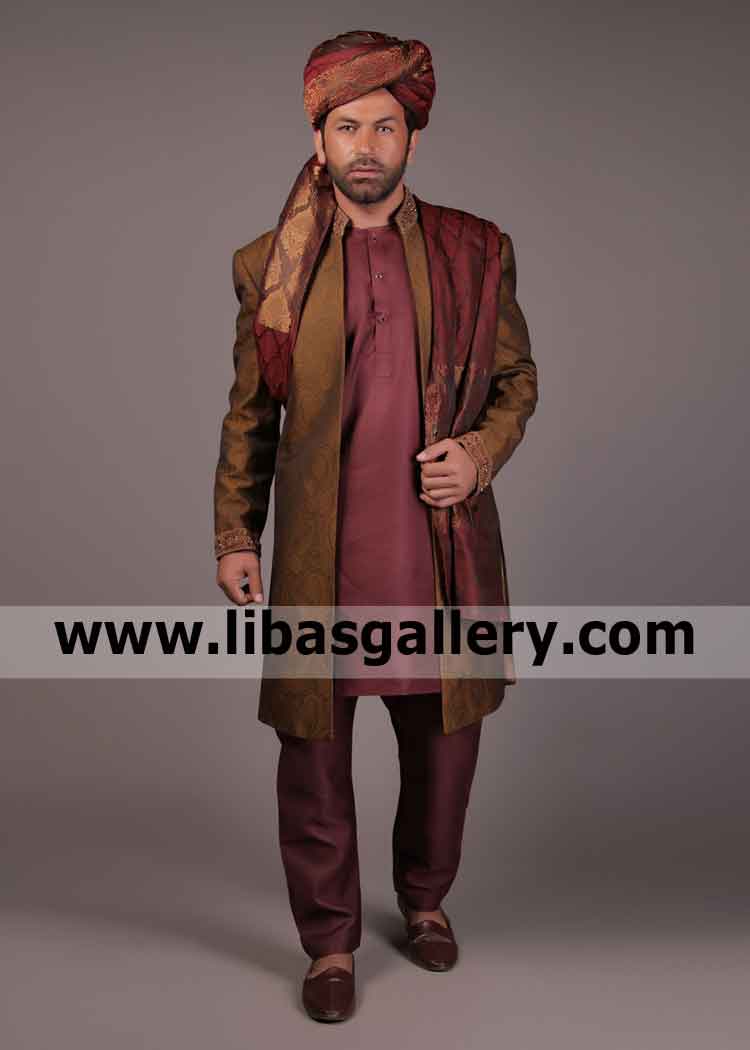 Bistre Color Groom Wedding Sherwani for Coffee lover Dulha Embellishment on Cuff and Collar Plymouth Portsmouth London UK