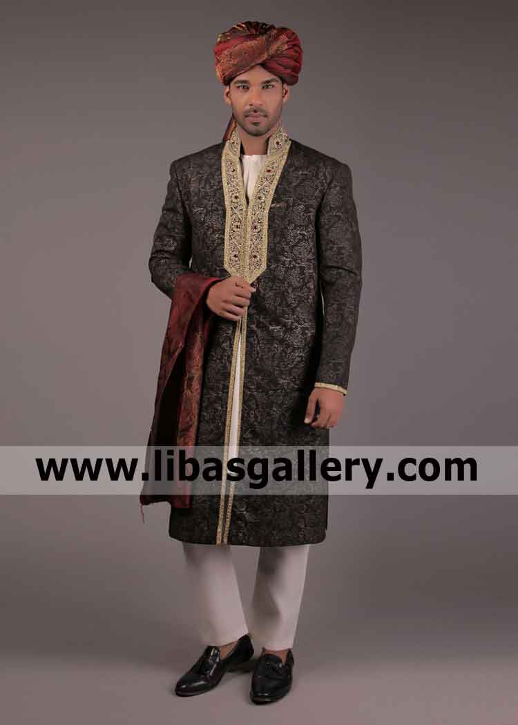 Black Screen Print Embroidered Wedding Sherwani for Groom for Exciting Nikah Barat day UK USA Canada Australia Dubai