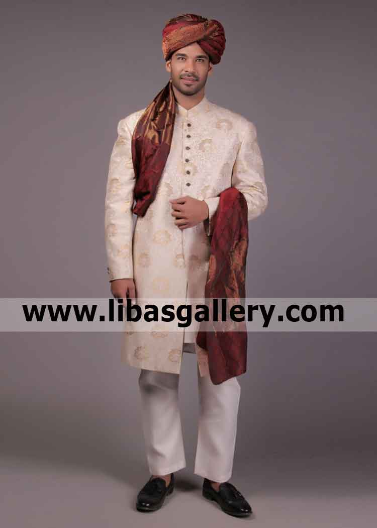 Plain Banarsi Cloth Groom Nikah Sherwani