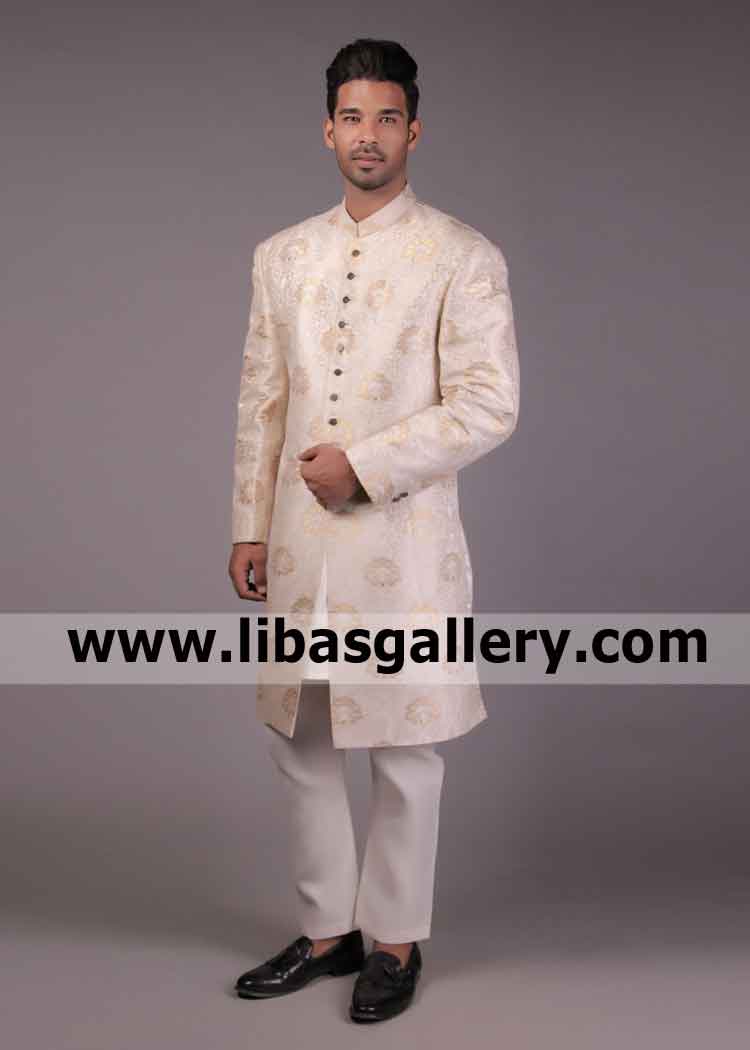 Plain Banarsi Cloth Groom Nikah Sherwani