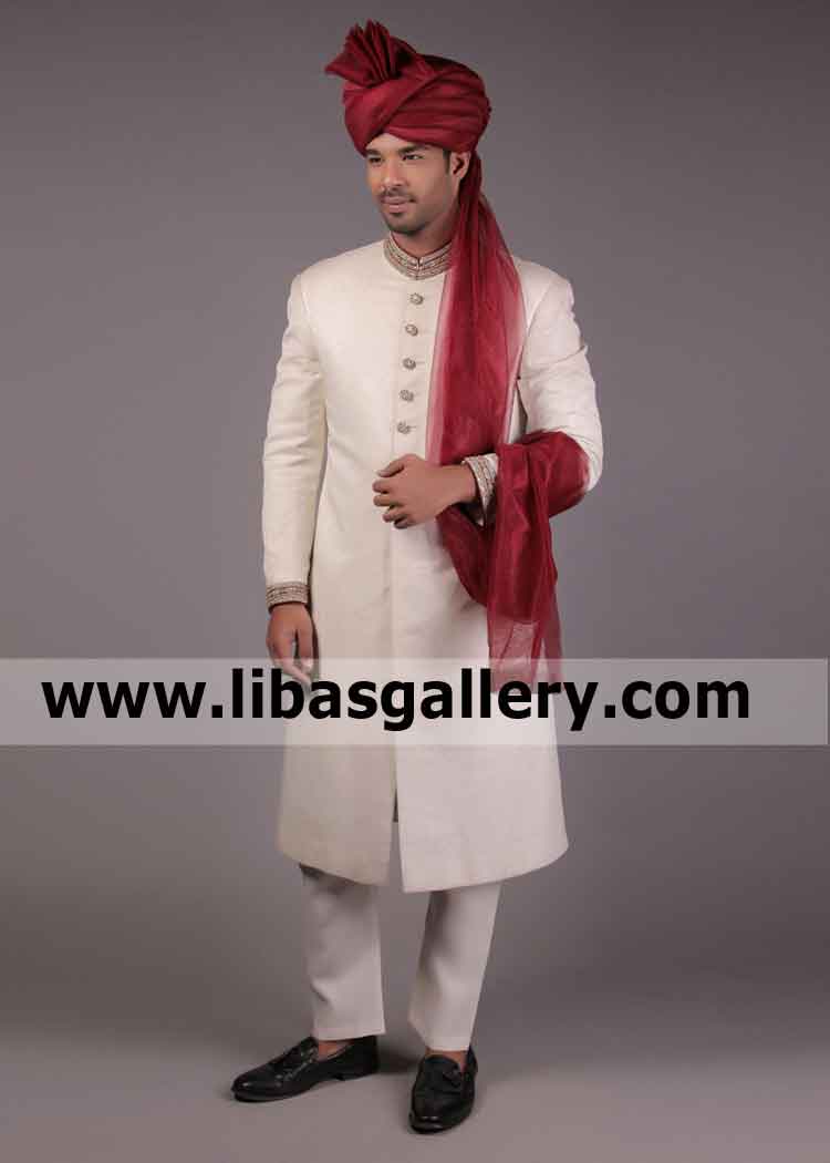 Royal Off white self jamawar Groom sherwani Cuff and Collar Zardozi work Inner suit included Sheffield Bradford UK