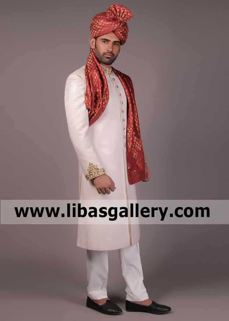 Luxury feeling self jamawar Gold hand embellished Groom Sherwani Jacket Denver Baltimore Houston USA