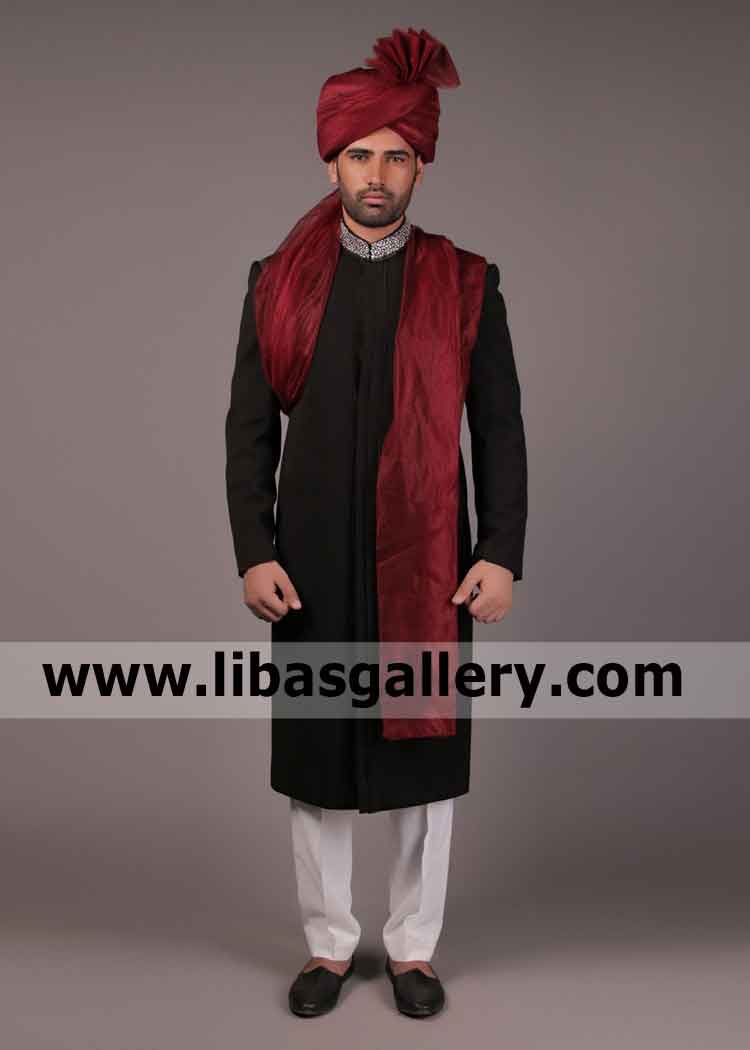 Black Sherwani is mesmerizing color for gents which highlights male personality and feelings on wedding event London Glasgow Scotland