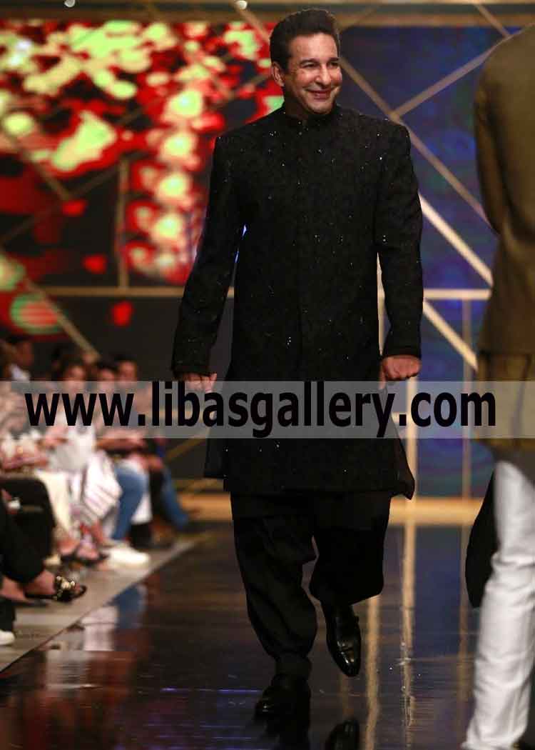 Jet Black Embroidered Groom Wedding Sherwani Cricketer Wasim Akram Wearing PHBCW 2019 UK USA Canada Australia Dubai