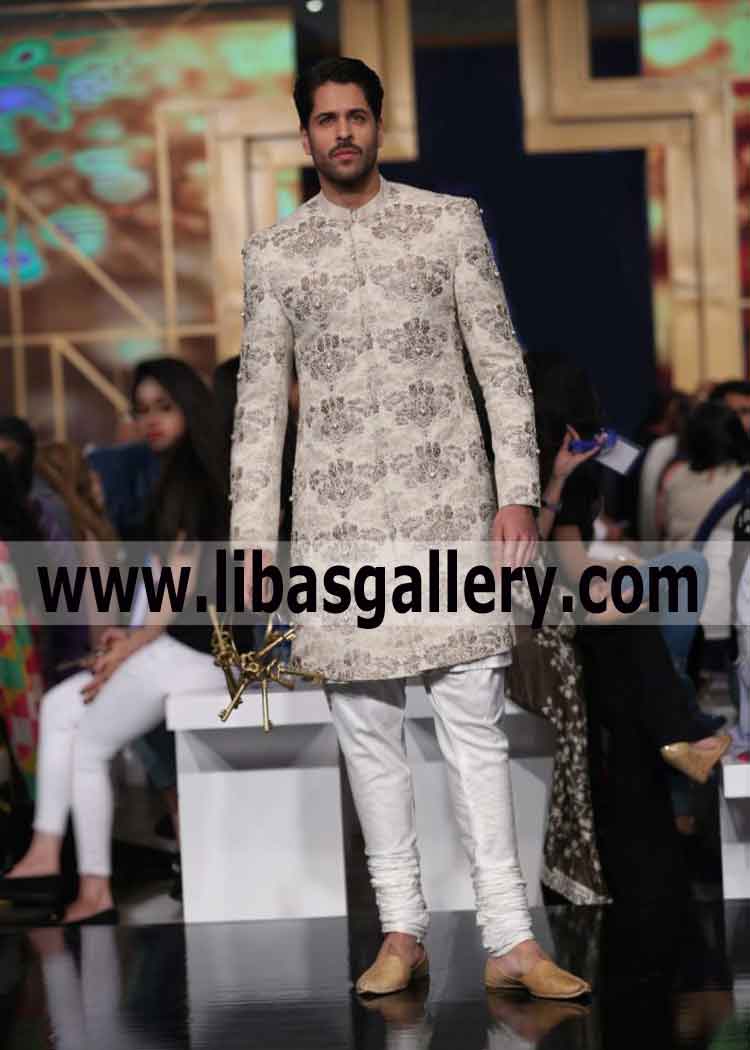 Short length Embroidered off white Groom Fantastic Wedding jacket in Jamawar Fabric UK USA Canada Australia Dubai