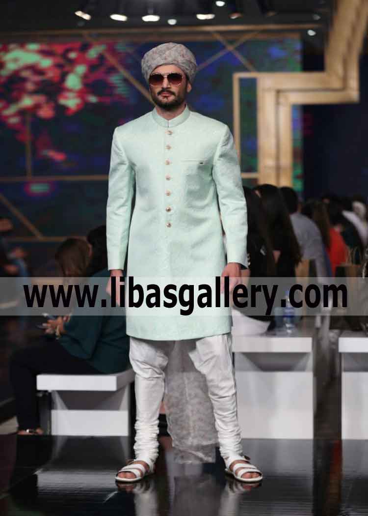 Jamawar plain men’s sherwani light powder color for summer and winter season wedding Chicago Washington USA