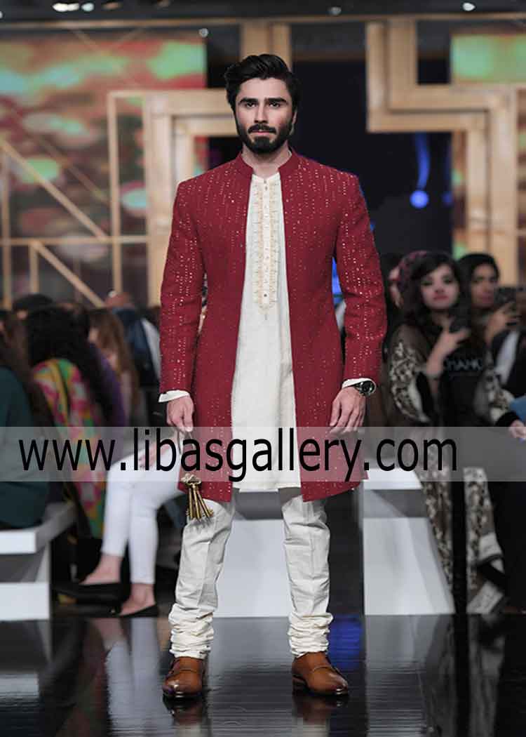 Red Button less Groom Sherwani For Men
