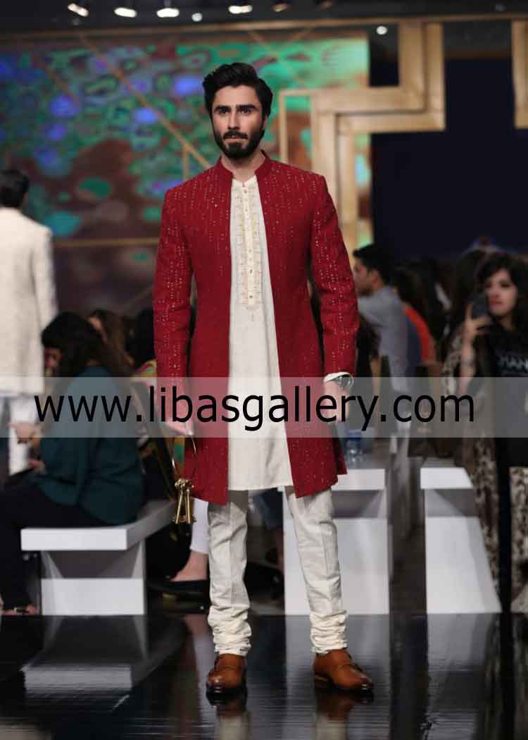 Red Button less Groom Sherwani For Men