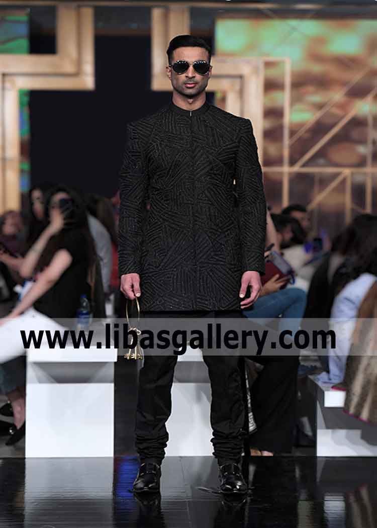 Black Full Embroidered Short length Sherwani