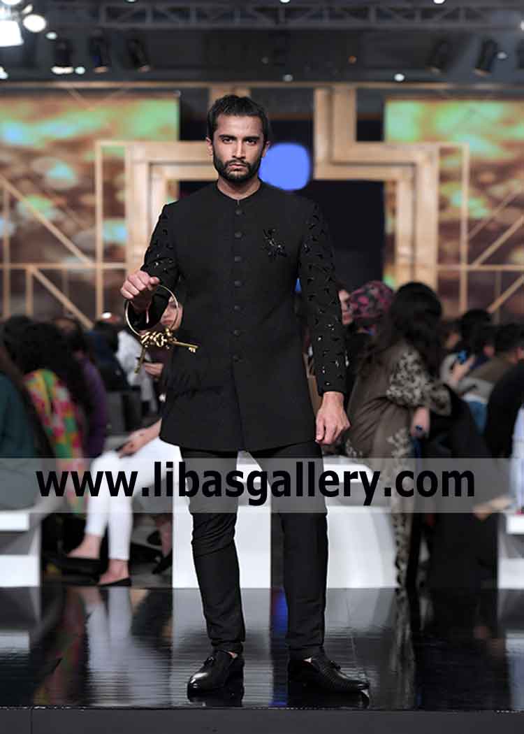 Black Short length Corporate Men Sherwani for Business meeting embroidery on sleeves and front Dubai Abu dhabi Sharjah UAE 