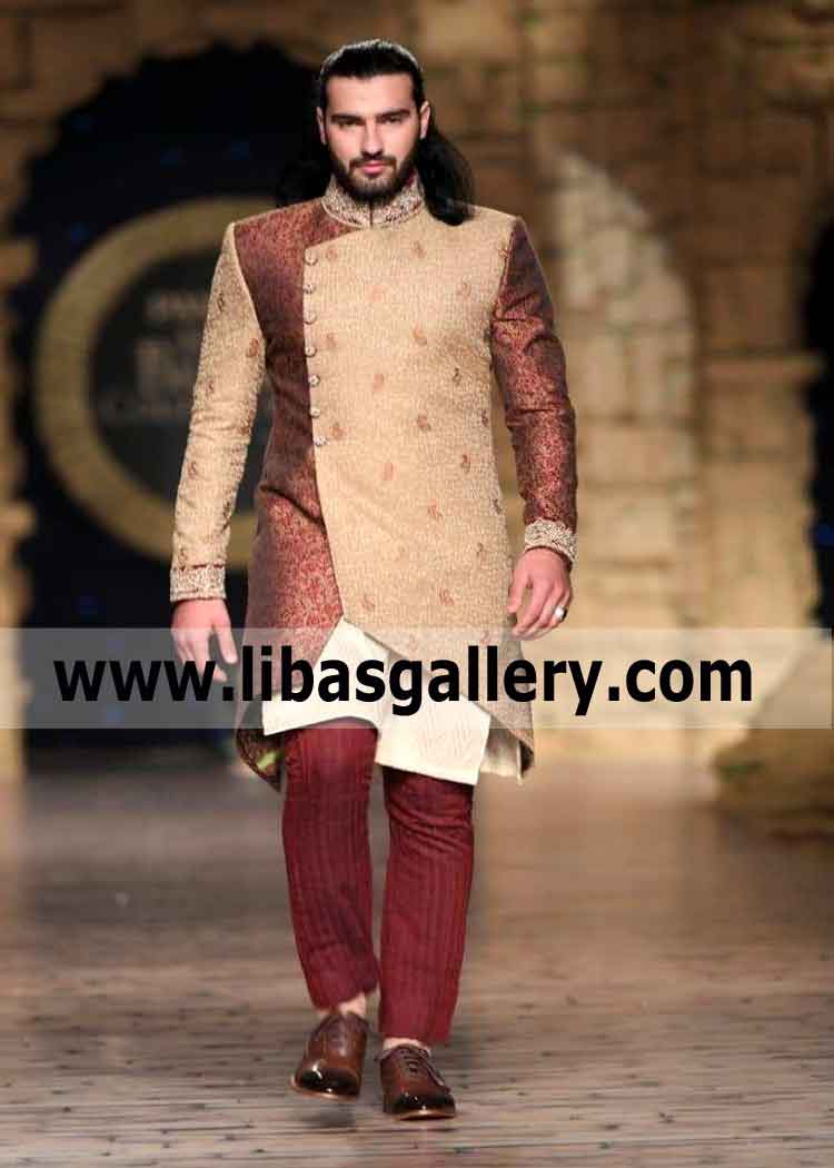 Twin Color Fabric Anrakha Style Groom Wedding Sherwani in Jamawar Banarsi 2020 Asia Europe America Australia Africa