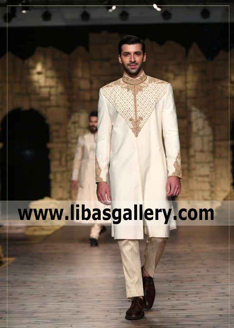 Off white V shape golden work designer sherwani for nikah barat day for dulha groom order online by CC UK USA Canada