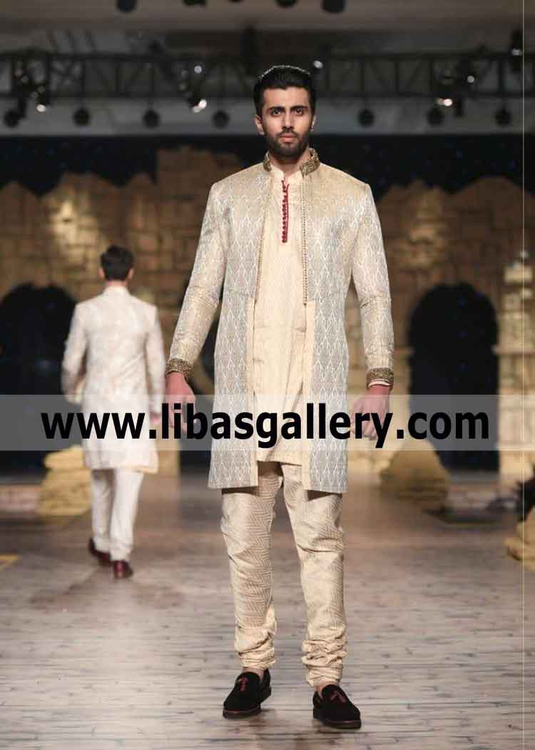 Front open short length jamawar banarsi wedding jacket for groom work on collar cuff dubai sharjah abu dhabi UAE