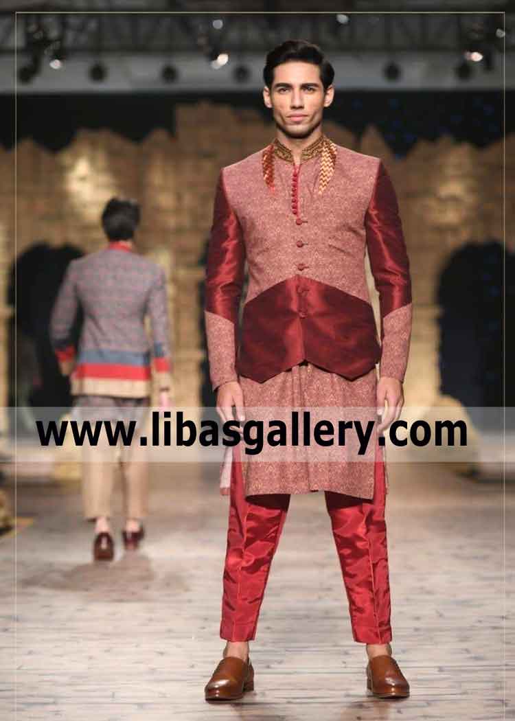 Ruby color short length version modern cuts groom sherwani prince coat with pajama philadelphia texas sugar land USA