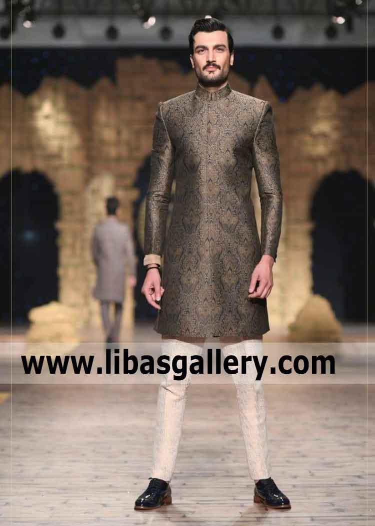 Ceremonial season jamawar wedding jacket for groom nikah rukhsati day shop round o clock Southhall London UK 