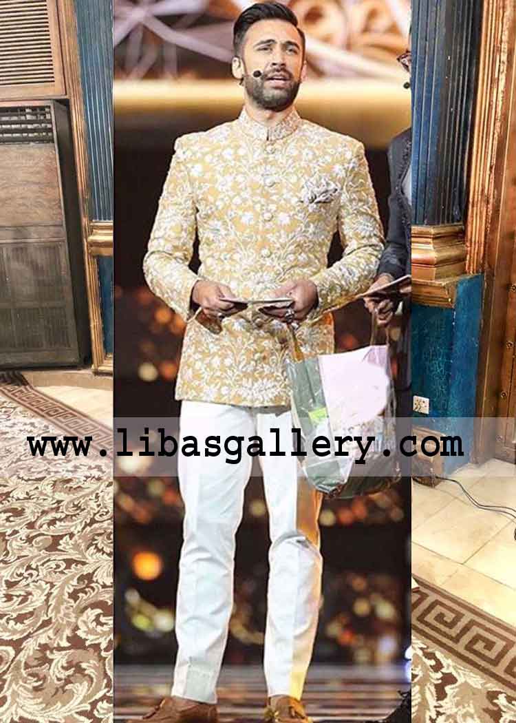 Lemon embroidered wedding prince coat sherwani or call it bandhgala coat for groom nikah barat 2020 uk usa Canada