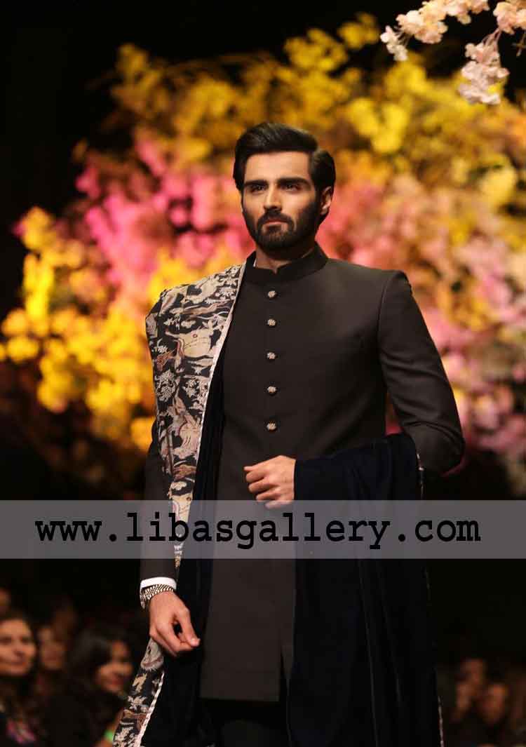 Black plain suiting fabric sherwani for mehndi light function