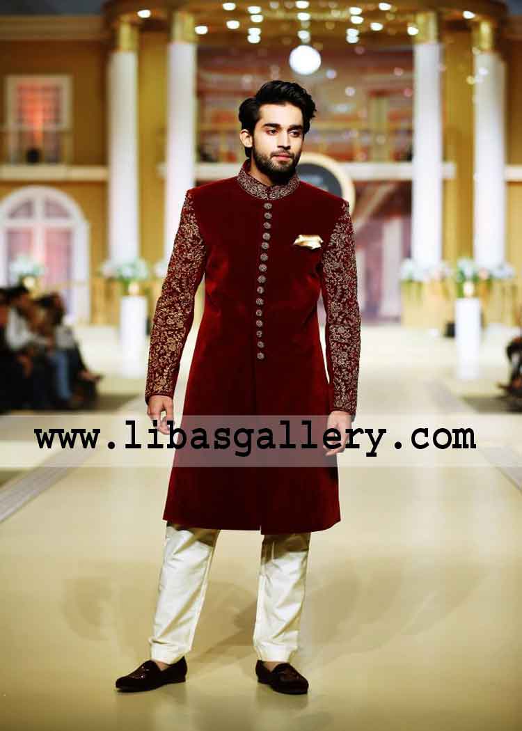 Red Velvet Embrodered Wedding sherwani for Groom