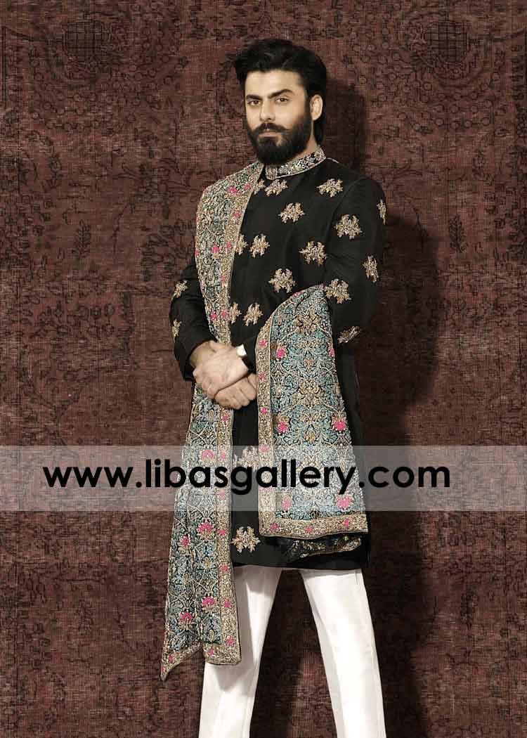 Zarodozi Booti Embrodered Black Wedding Sherwani