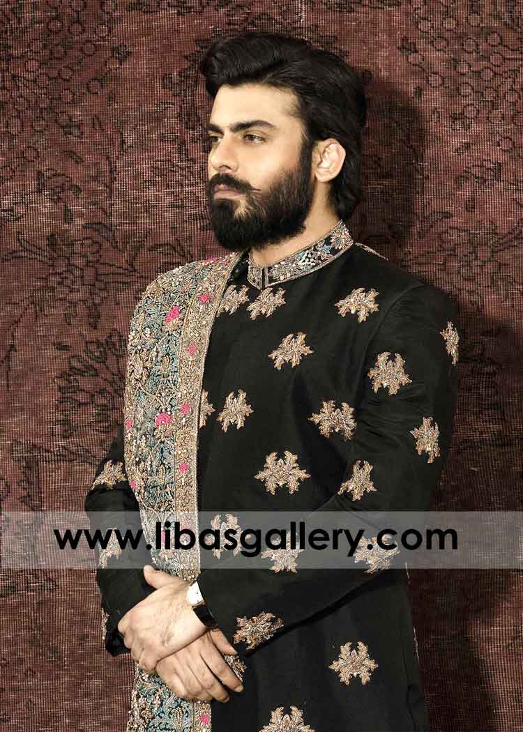 Zarodozi Booti Embrodered Black Wedding Sherwani