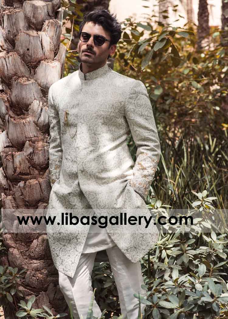 Ivory pearl new stylish embroidered groom wedding sherwani order online worldwide delivery by express courier uk usa canada