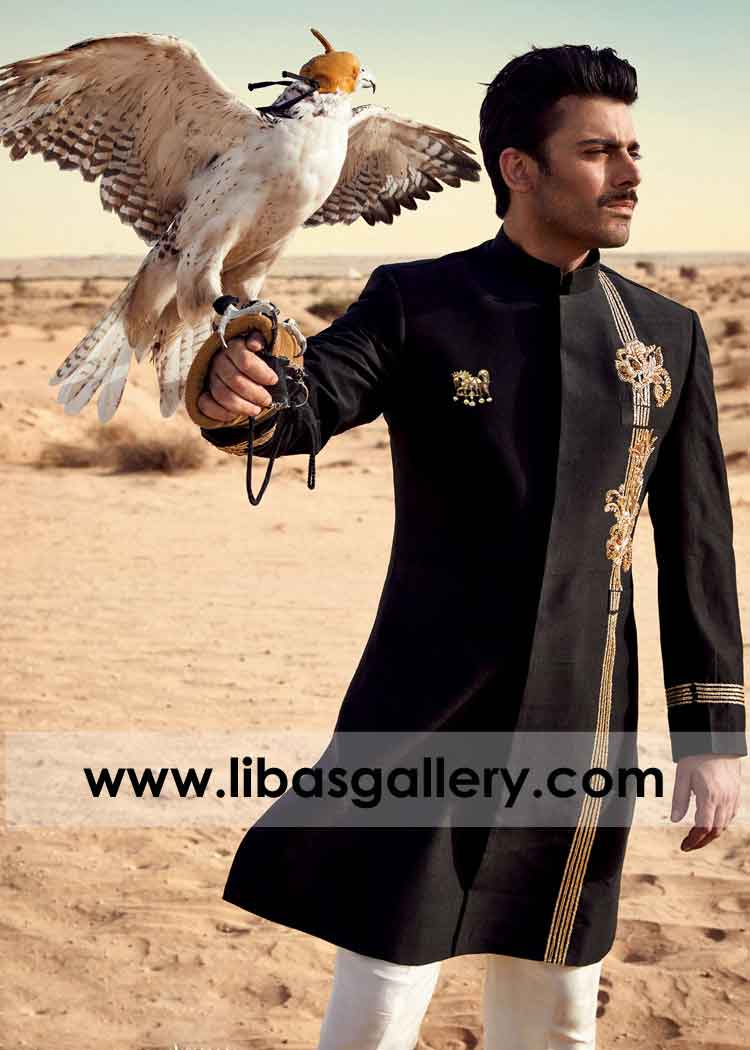 Black sherwani embellishment on front and cuff fawad khan actor with falcon on hand for modeling New york California USA