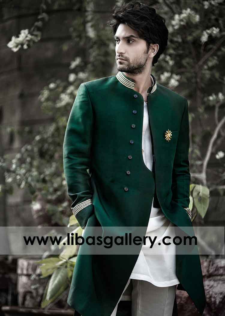 Beautiful Emerald Green Sherwani for After Wedding Dinner with bride