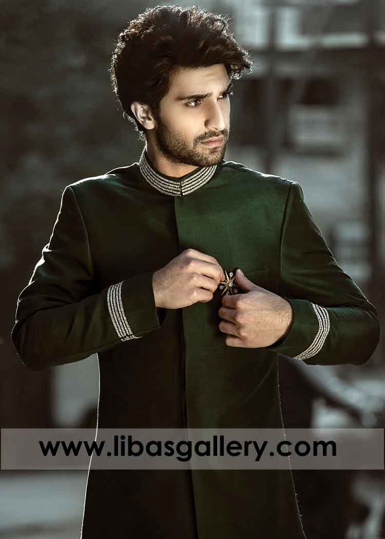 Beautiful Emerald Green Sherwani for After Wedding Dinner with bride