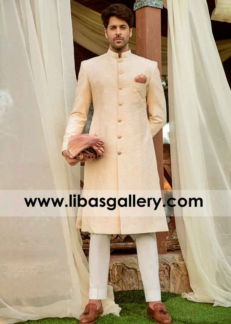 Fawn Wedding Sherwani for Stylish and Tall Groom