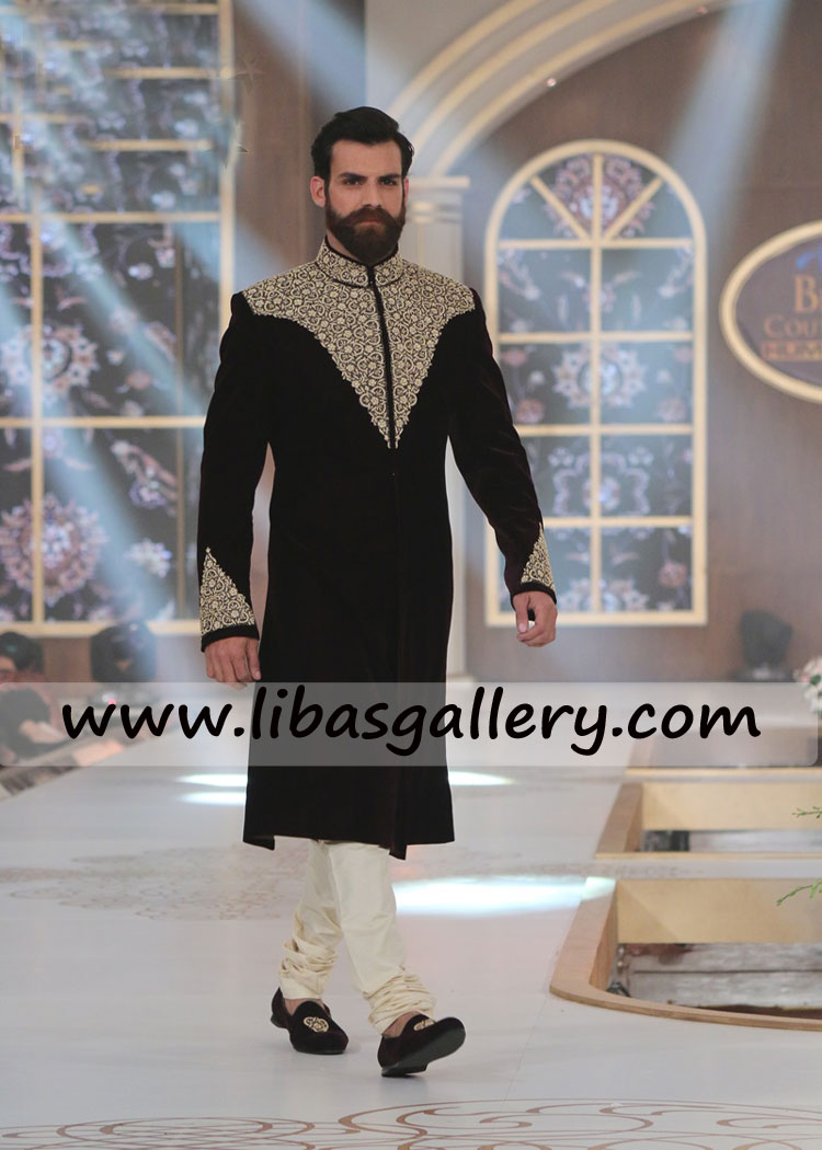 Black Embellished Sherwani bearded groom coming towards stang work on front collar sleeves kora dabka thread UK USA Canada