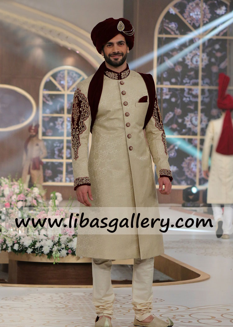 Cream Self Jamawar Groom Wedding Sherwani Daisy