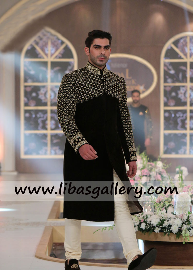 royal dynasty type black groom sherwani in suiting fabric and velvet for nikah barat day with inner kurta pajama Toronto Quebec Canada