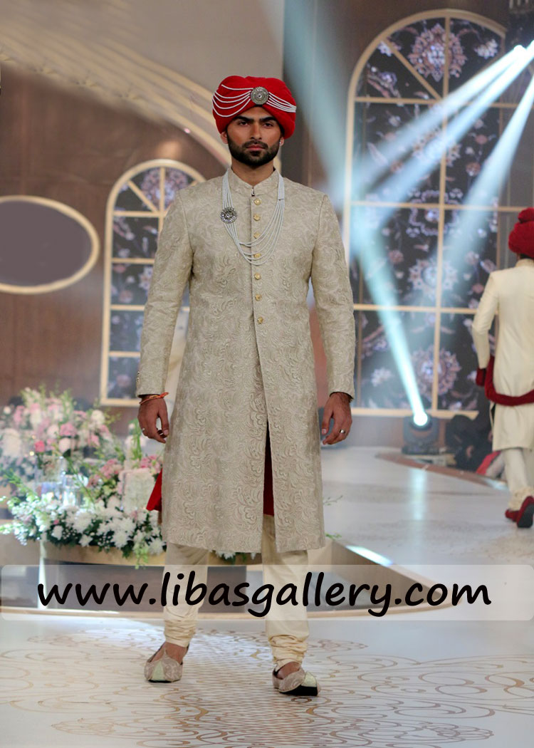Jamawar Groom Sherwani White Pearl Mala